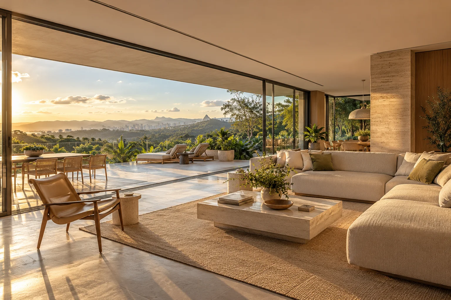 Sala contemporânea integrada a uma varanda com vista, imagem conceitual ilustrativa